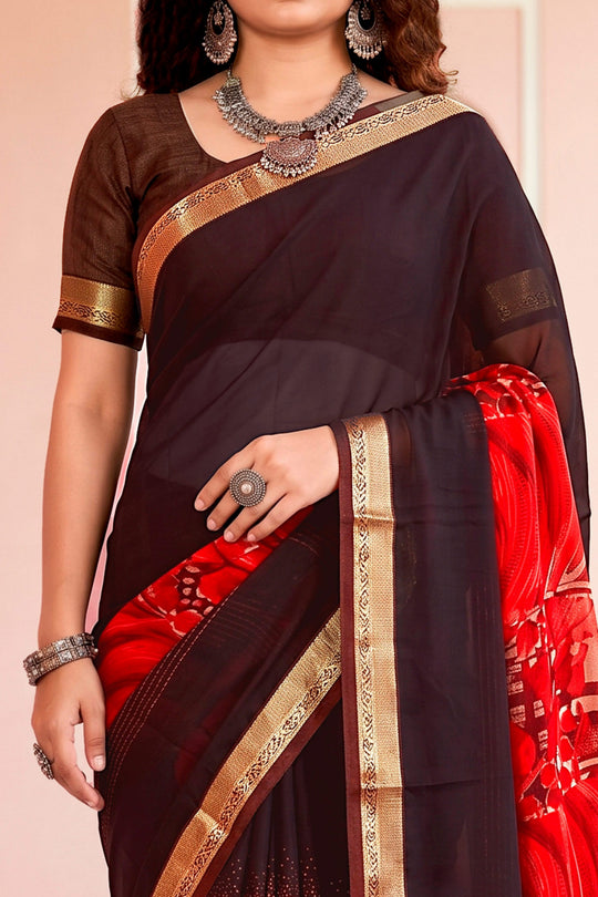 Chocolate Brown Georgette Woven Work Traditional Saree