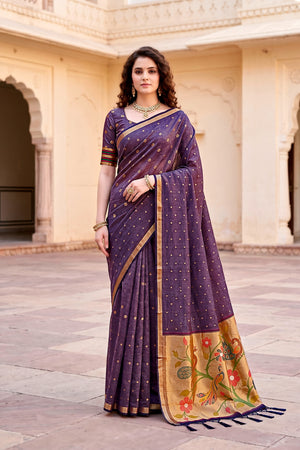 Violet Cotton Blend Woven Work Traditional Saree