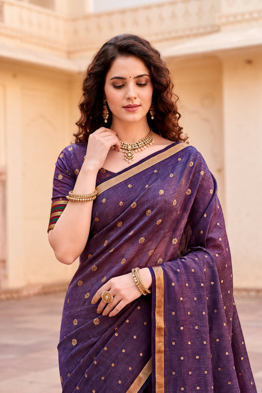 Violet Cotton Blend Woven Work Traditional Saree