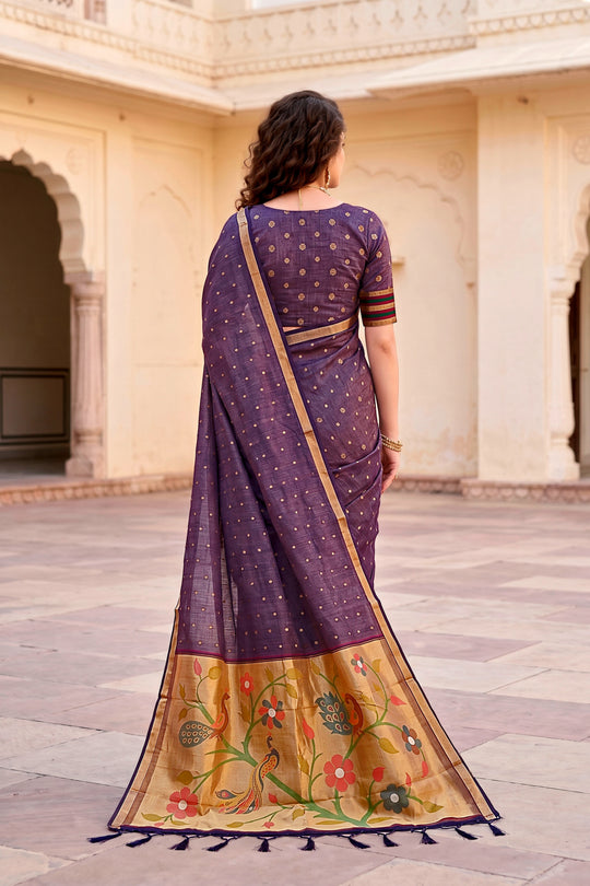 Violet Cotton Blend Woven Work Traditional Saree