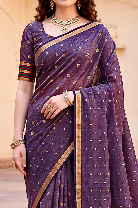 Violet Cotton Blend Woven Work Traditional Saree
