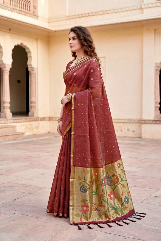 Maroon Cotton Blend Woven Work Traditional Saree
