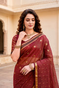 Maroon Cotton Blend Woven Work Traditional Saree