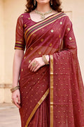 Maroon Cotton Blend Woven Work Traditional Saree