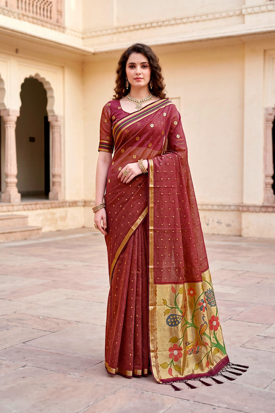 Maroon Cotton Blend Woven Work Traditional Saree