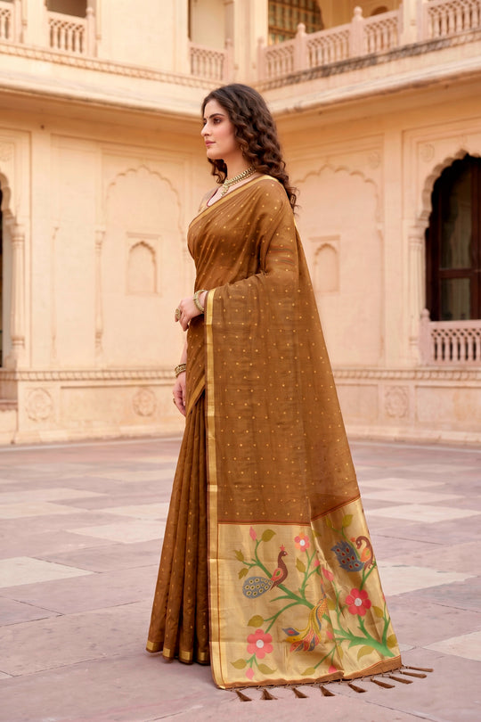 Mustard Brown Cotton Blend Woven Work Traditional Saree