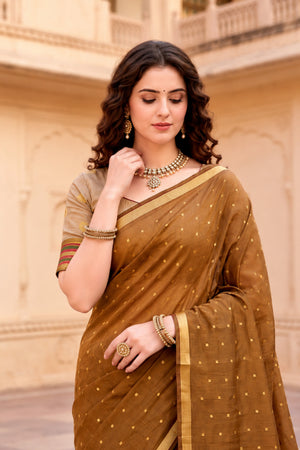 Mustard Brown Cotton Blend Woven Work Traditional Saree