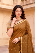 Mustard Brown Cotton Blend Woven Work Traditional Saree