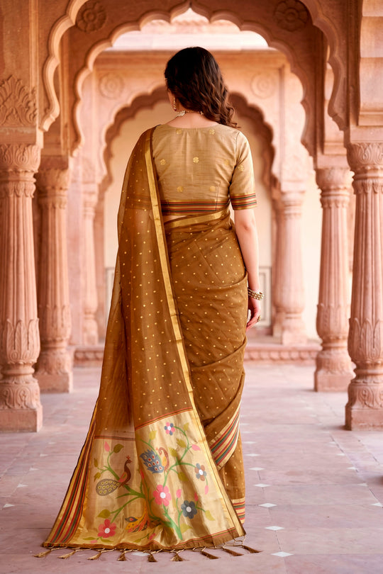 Mustard Brown Cotton Blend Woven Work Traditional Saree