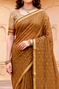 Mustard Brown Cotton Blend Woven Work Traditional Saree
