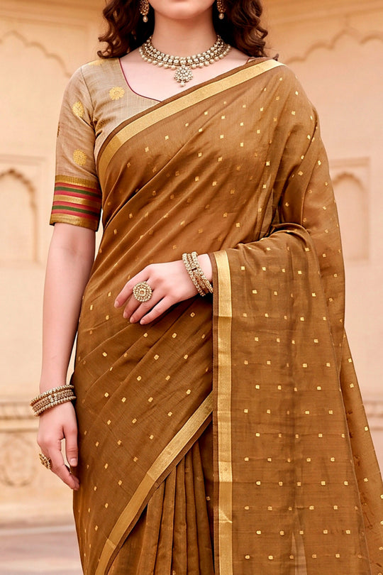 Mustard Brown Cotton Blend Woven Work Traditional Saree