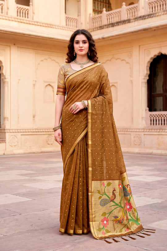 Mustard Brown Cotton Blend Woven Work Traditional Saree