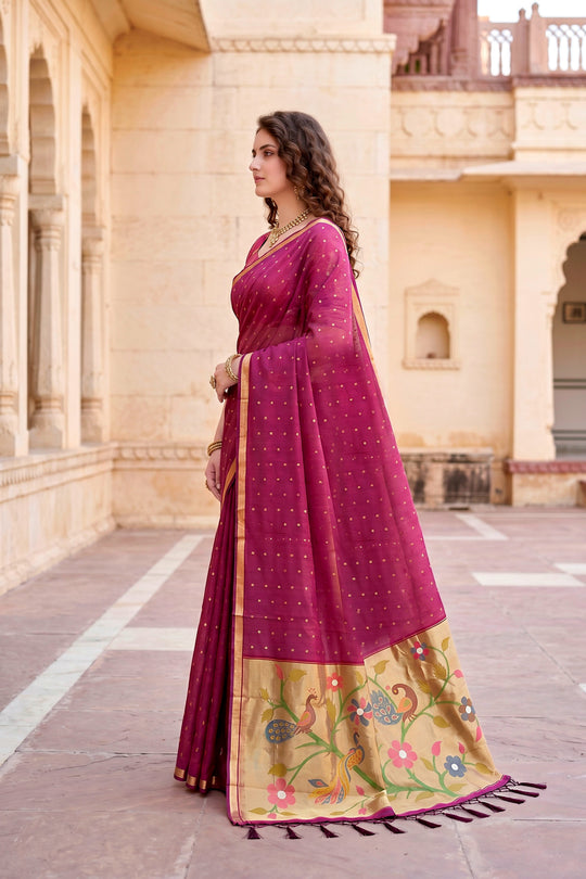 Pink Cotton Blend Woven Work Traditional Saree
