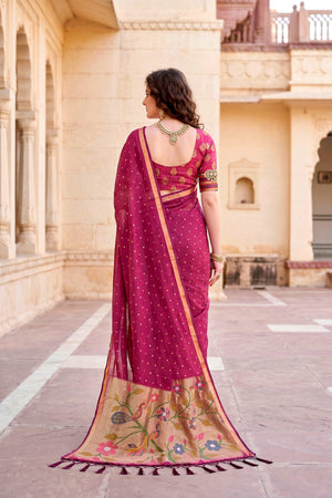 Pink Cotton Blend Woven Work Traditional Saree