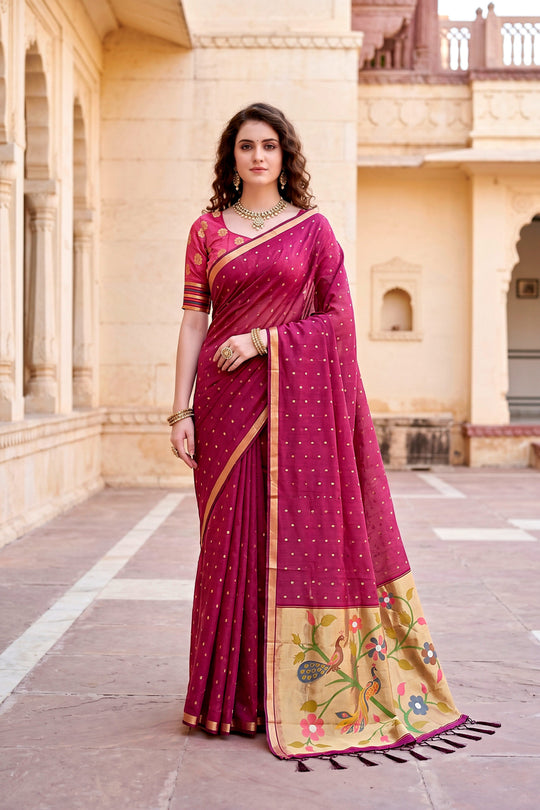 Pink Cotton Blend Woven Work Traditional Saree