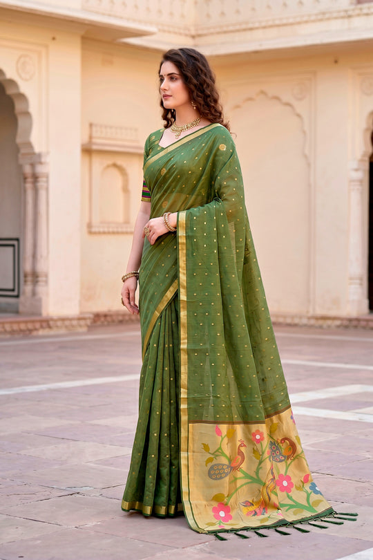 Mehndi Green Cotton Blend Woven Work Traditional Saree