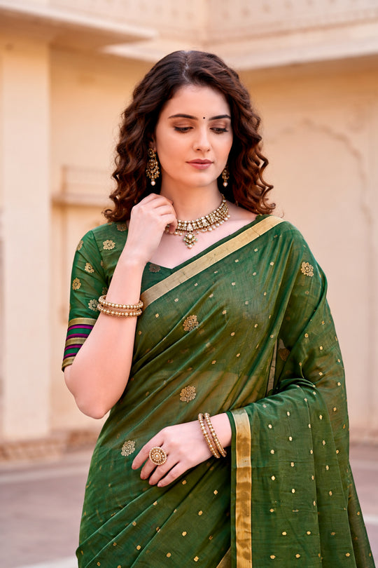 Mehndi Green Cotton Blend Woven Work Traditional Saree