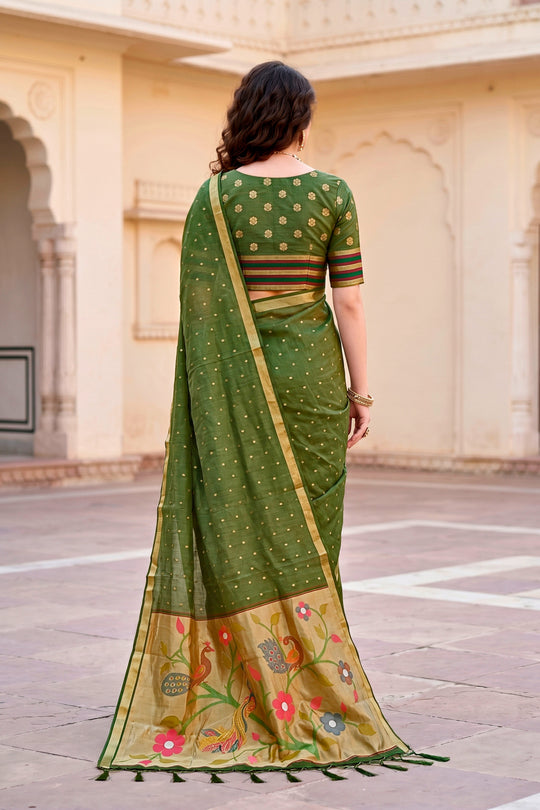 Mehndi Green Cotton Blend Woven Work Traditional Saree
