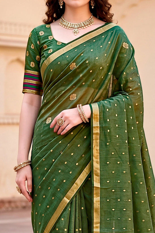Mehndi Green Cotton Blend Woven Work Traditional Saree