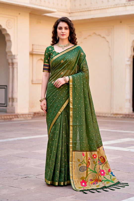 Mehndi Green Cotton Blend Woven Work Traditional Saree
