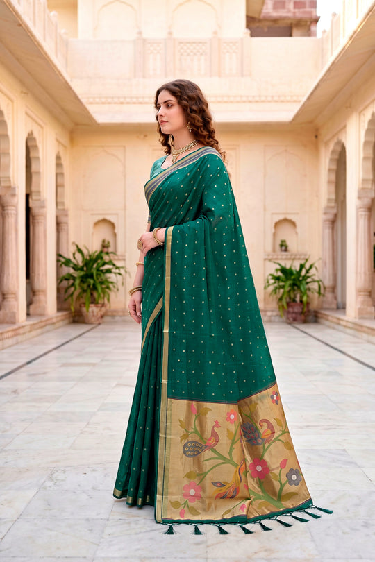 Emerald Green Cotton Blend Woven Work Traditional Saree