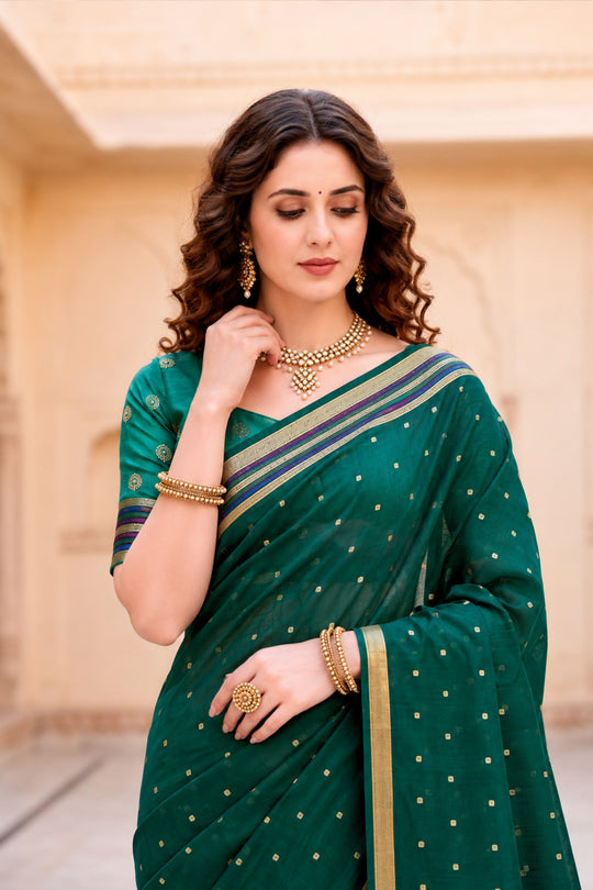Emerald Green Cotton Blend Woven Work Traditional Saree
