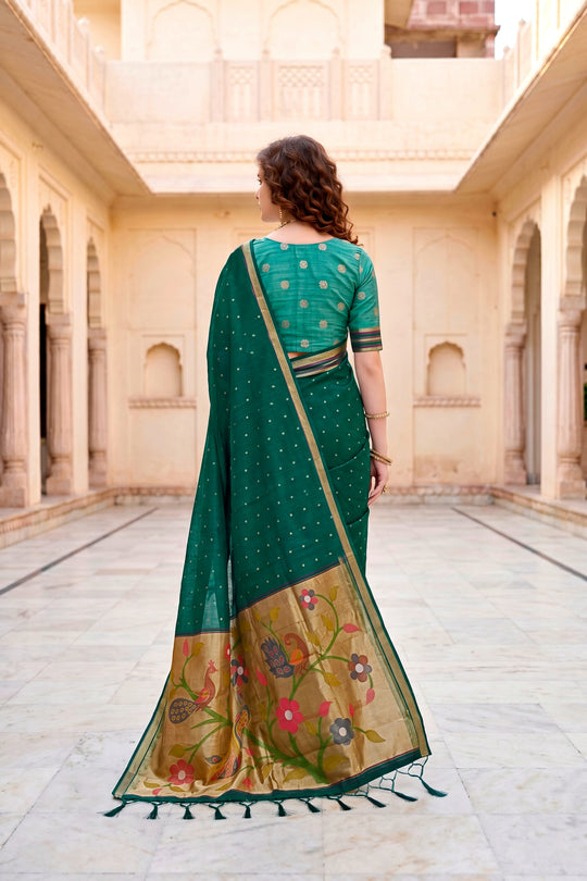 Emerald Green Cotton Blend Woven Work Traditional Saree