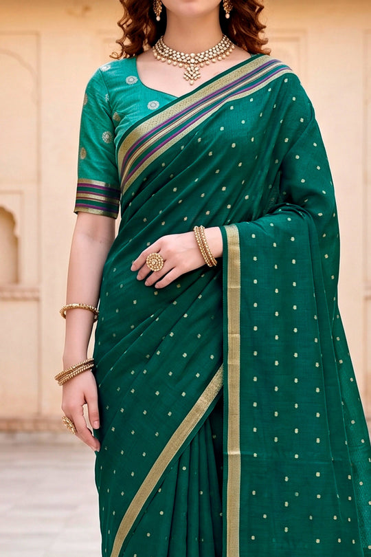 Emerald Green Cotton Blend Woven Work Traditional Saree