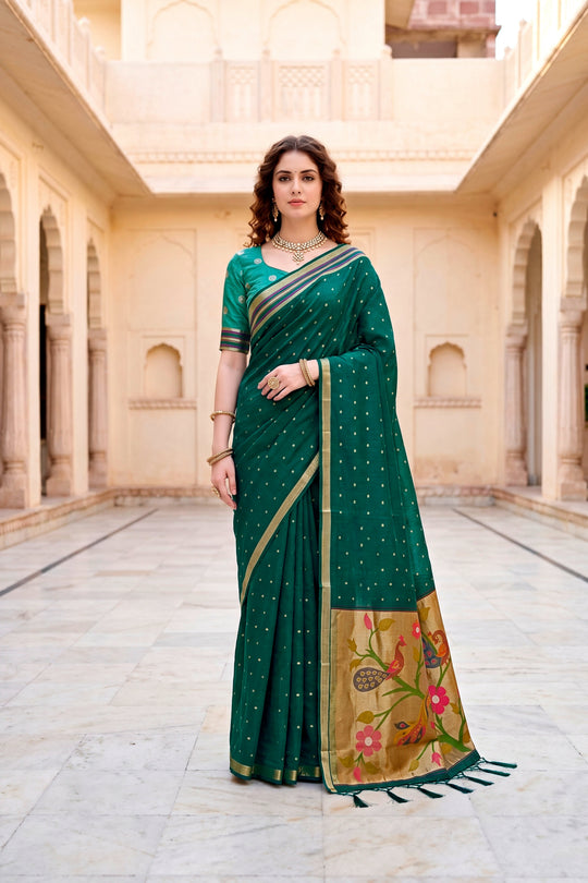 Emerald Green Cotton Blend Woven Work Traditional Saree