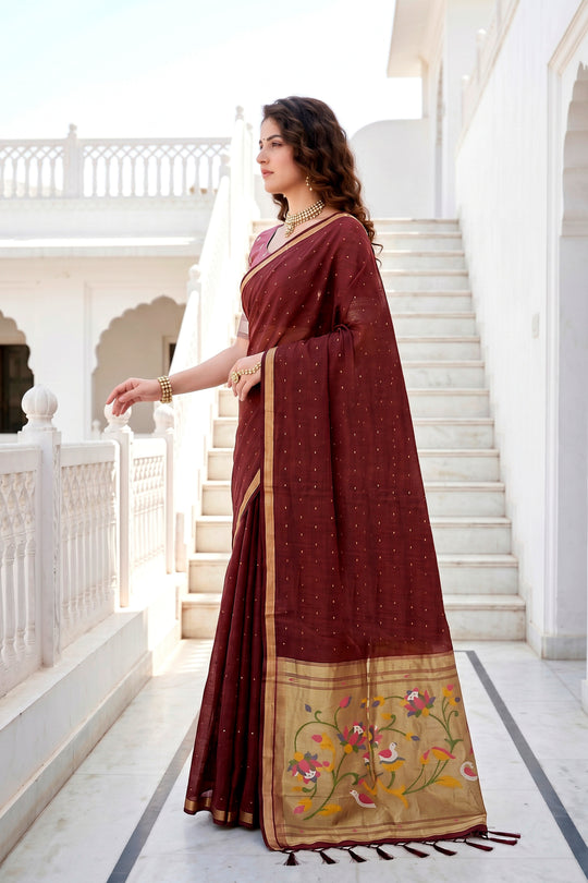 Maroon Cotton Blend Woven Work Traditional Saree