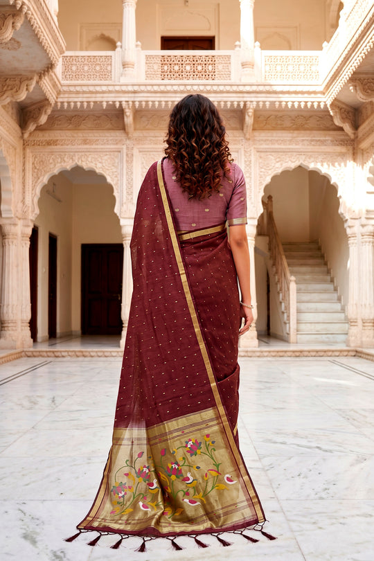 Maroon Cotton Blend Woven Work Traditional Saree
