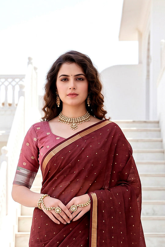 Maroon Cotton Blend Woven Work Traditional Saree