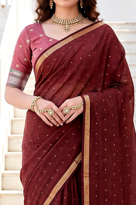 Maroon Cotton Blend Woven Work Traditional Saree