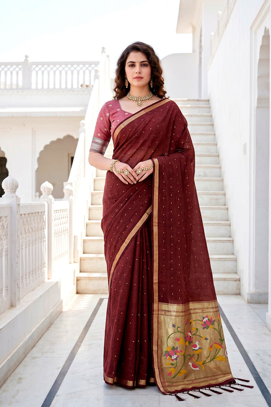 Maroon Cotton Blend Woven Work Traditional Saree