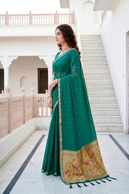 Emerald Green Cotton Blend Woven Work Traditional Saree