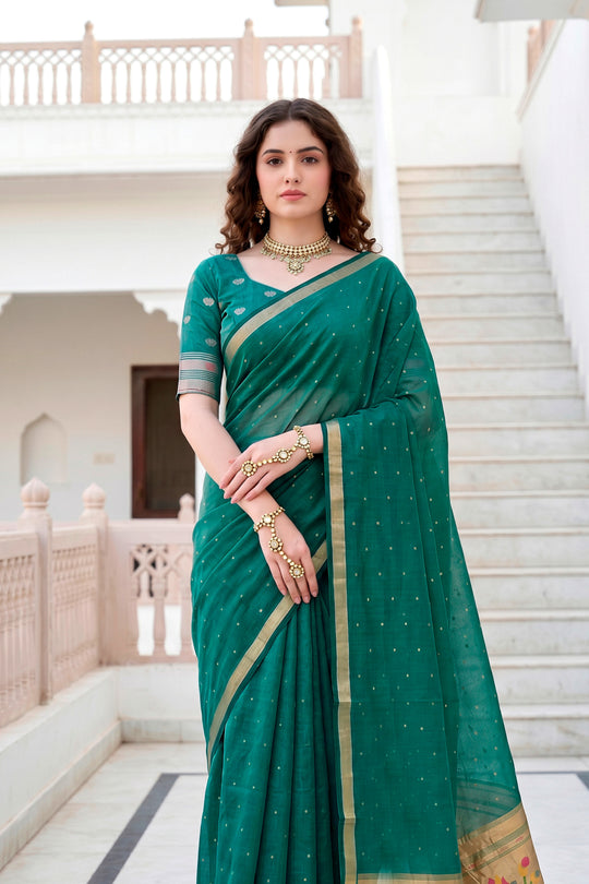 Emerald Green Cotton Blend Woven Work Traditional Saree