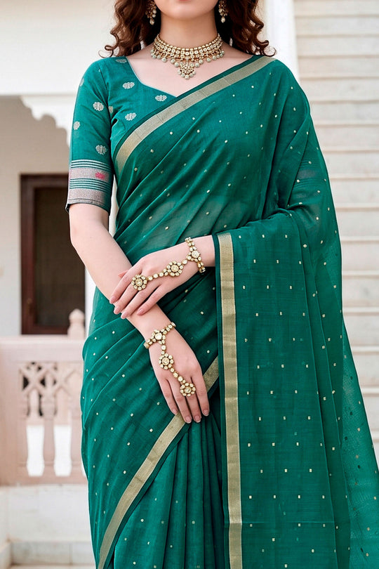 Emerald Green Cotton Blend Woven Work Traditional Saree