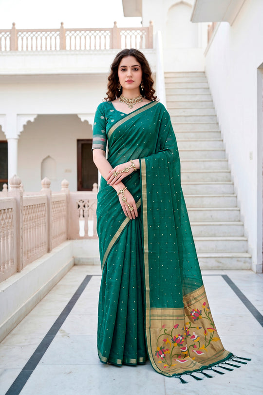 Emerald Green Cotton Blend Woven Work Traditional Saree