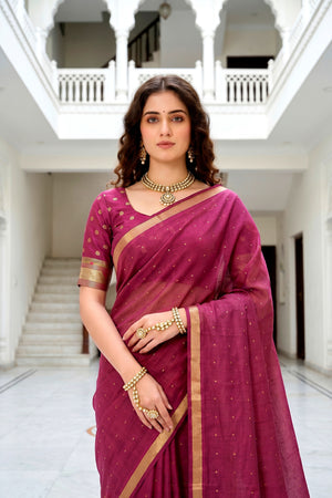 Pink Cotton Blend Woven Work Traditional Saree