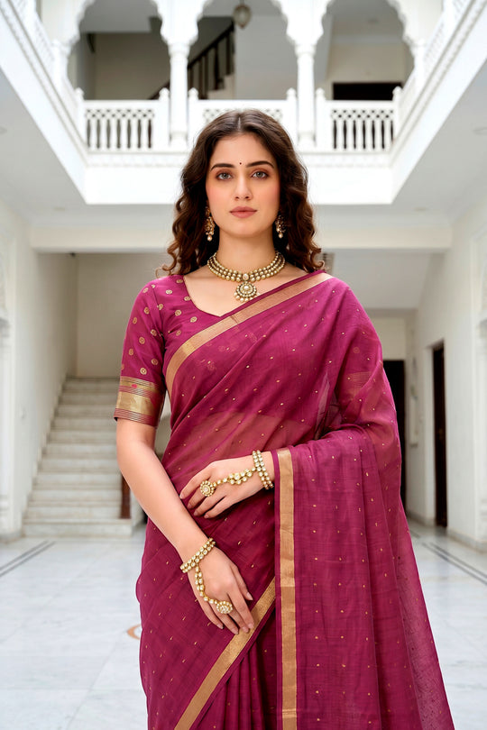 Pink Cotton Blend Woven Work Traditional Saree