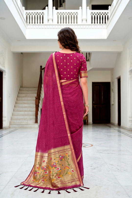 Pink Cotton Blend Woven Work Traditional Saree