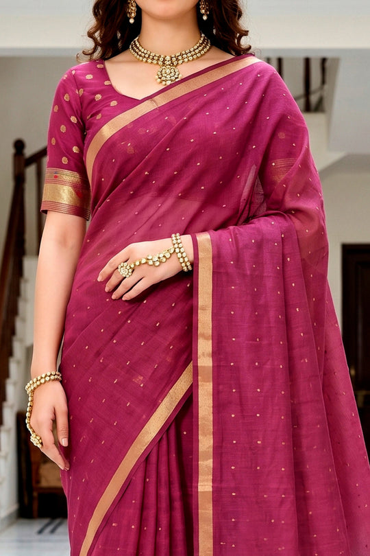 Pink Cotton Blend Woven Work Traditional Saree