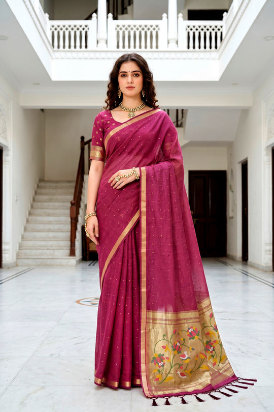 Pink Cotton Blend Woven Work Traditional Saree