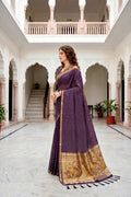 Violet Cotton Blend Woven Work Traditional Saree