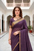 Violet Cotton Blend Woven Work Traditional Saree