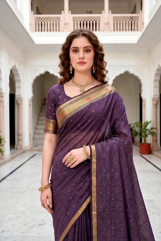 Violet Cotton Blend Woven Work Traditional Saree