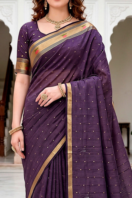 Violet Cotton Blend Woven Work Traditional Saree