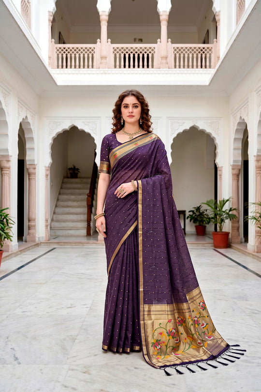 Violet Cotton Blend Woven Work Traditional Saree