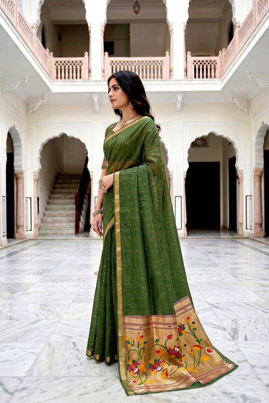 Mehndi Green Cotton Blend Woven Work Traditional Saree