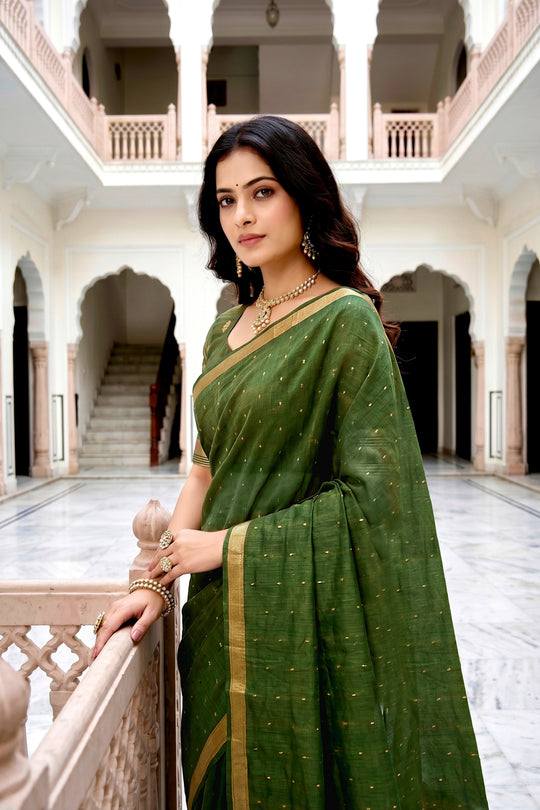 Mehndi Green Cotton Blend Woven Work Traditional Saree